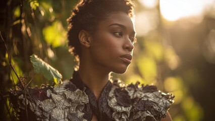 Naklejka premium Captivating Portrait of Woman in Nature during Golden Hour with Unique Fashion and Serene Expression