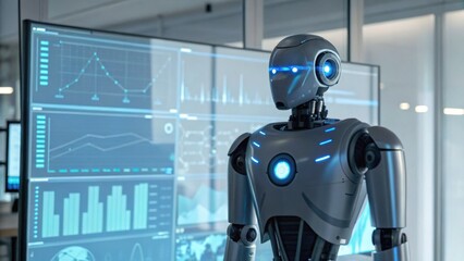 A futuristic robot stands in front of digital screens displaying data and graphs, showcasing advanced technology and analytics.