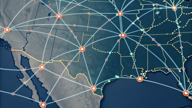 A digital map showing interconnected networks across the southern United States, highlighted by nodes and lines representing data connections. - Powered by Adobe