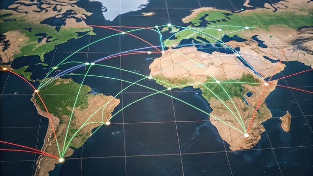 A digital map of the world showcasing global connections with colorful lines representing various networks across continents.