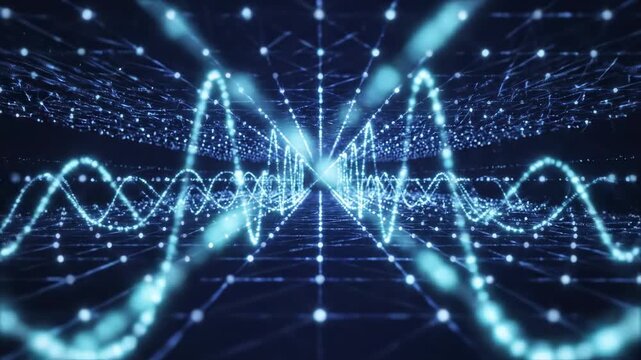 Seamlessly looping abstract blue data visualization network background with glowing nodes pulsing rhythmically across the screen loopable, motion, clean