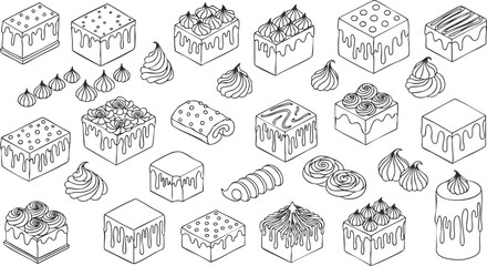 A collection of assorted desserts including cakes, pastries, and sweets in black and white vector style, ideal for culinary design projects