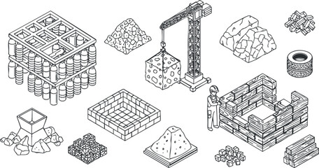 Fototapeta na wymiar A collection of construction elements including a crane, bricks, rocks, and a worker in isometric outline vector style, ideal for engineering and architecture projects