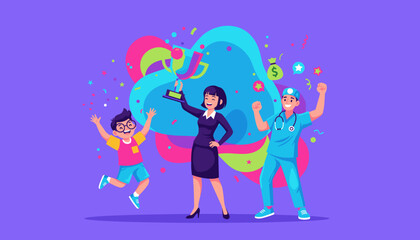 Celebrating diverse success business professional doctor and kid winning together