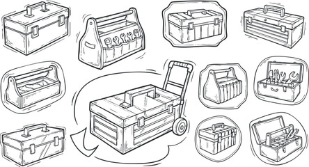 A collection of various toolboxes and tools in outline vector style, suitable for DIY projects and handyman services