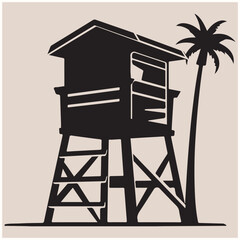 Beach Lifeguard Tower with Palm Tree Silhouette, Beach