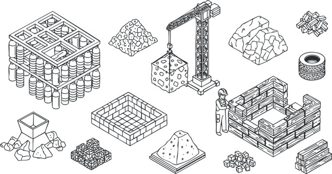A collection of construction elements including a crane, bricks, rocks, and a worker in isometric outline vector style, ideal for engineering and architecture projects