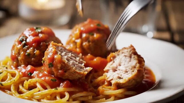 Close-up of a person cutting into a delicious meatball on a plate of spaghetti with tomato sauce a candle flickering in the background.