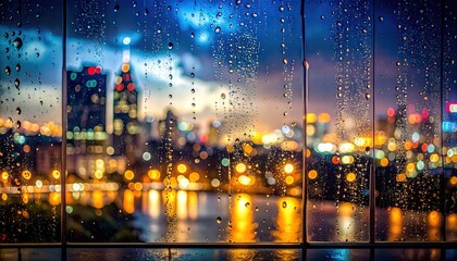 Rainy night city view through a window with water droplets and blurred colorful bokeh lights reflecting on water surface below
