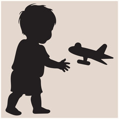 Cute Child Playing with Toy Airplane Silhouette, Playing
