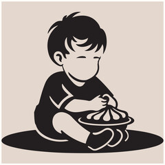 Cute Toddler Eating Apple Pie Silhouette Vector, Eating