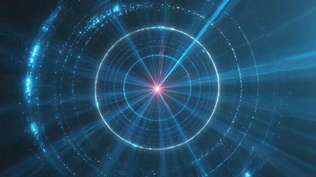 A blue circle with light rays dark background. The circle is surrounded by a blue light. light is shining on the circle, glowing object. Scene is mysterious and otherworldly