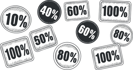 A collection of percentage labels featuring 10%, 40%, 60%, 80%, and 100% in hand-drawn sketch style, ideal for sales and promotions