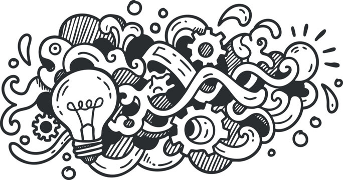 A creative doodle of a light bulb surrounded by swirling gears and abstract elements in black and white vector style, ideal for innovation themes