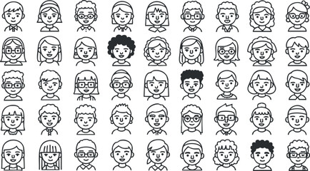 A collection of diverse cartoon characters' faces in black and white line art style, perfect for educational and community projects
