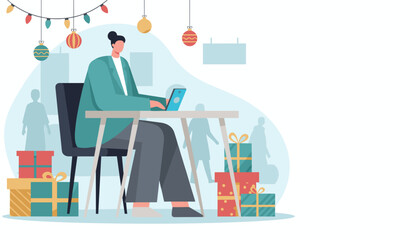 Person working on a device amidst holiday decor and gift boxes Festive business illustration