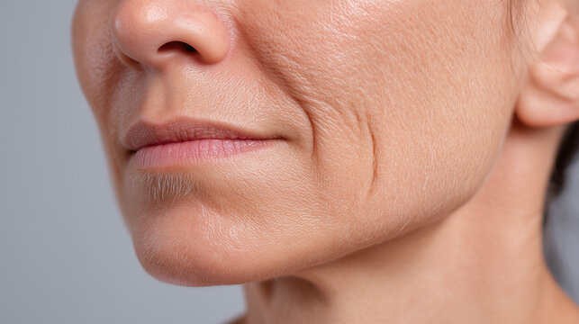 Mature woman face close up showing dry skin, deep wrinkles, fine lines, and natural aging texture, highlighting realistic skin condition and subtle expression