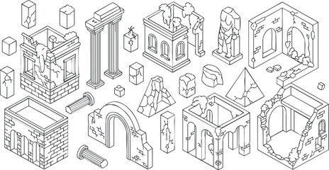 A collection of ancient architecture and ruins in isometric outline vector style, perfect for historical design projects