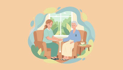 Compassionate caregiver supports senior man wearing purple ribbon in assisted living