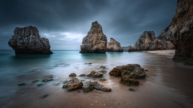 Coastal landscape with rugged rock formations rising from the tranquil sea, under a cloudy sky. The interplay of light and shadow creates a dramatic atmosphere.