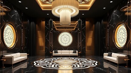 Ultra-high resolution rendering: Neo-Deco grand hall with black marble walls etched with Art Deco patterns, pulsing OLED lighting, and a liquid crystal filament chandelier changing shape.