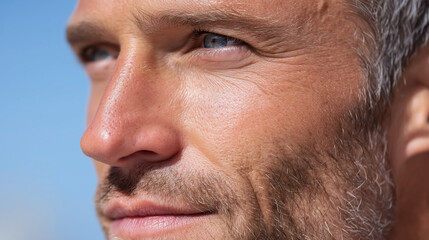 Obraz premium Close up of mature man face with textured skin, blue eyes, stubble, and slight smile, outdoors in natural sunlight, showing healthy complexion and relaxed expression