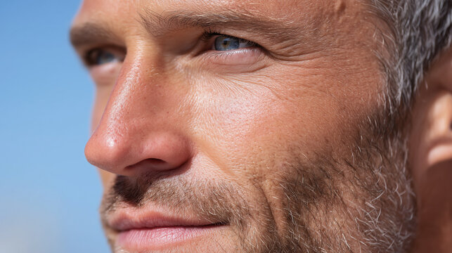 Close up of mature man face with textured skin, blue eyes, stubble, and slight smile, outdoors in natural sunlight, showing healthy complexion and relaxed expression - Powered by Adobe