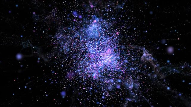 Seamlessly looping abstract digital particles scattering and dissolving across a dark screen creating a randomized dispersed pattern hitech, art, animation