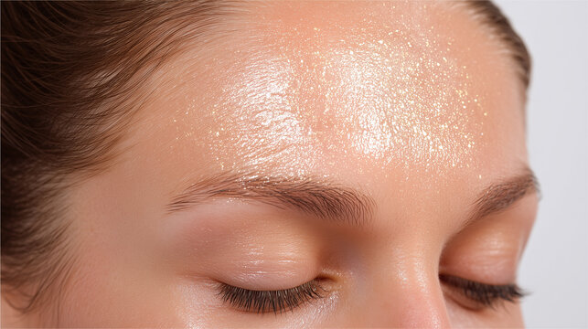 Radiant forehead with golden tinged hydration smooth skin texture closed eyes healthy glow natural beauty close up skincare youthful fresh serene expression - Powered by Adobe