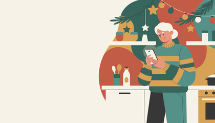 Happy senior woman uses phone in holiday kitchen Modern technology and festive design