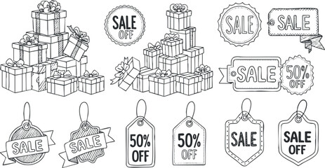 A collection of sale tags and gift boxes in black and white outline vector style, ideal for marketing and promotional materials