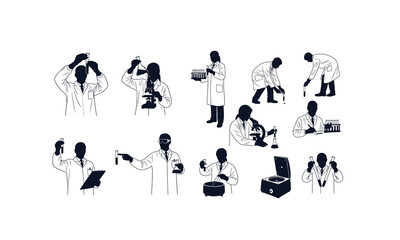 A skilled lab technician in various poses expertly handling scientific test tubes presented as a clean silhouette on a pure white background for easy integration isolated on white background