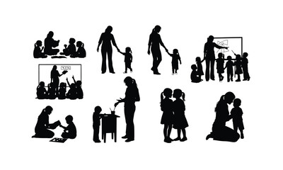 Diverse group of kindergarten children interacting with their teacher in various poses presented as a clean silhouette isolated on white background