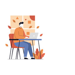 Freelancer working remotely on a laptop in a cozy autumn home office setting Productivity concept