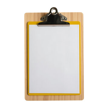 A wooden clipboard with a blank white paper sheet and a metal clip isolated on transparent background