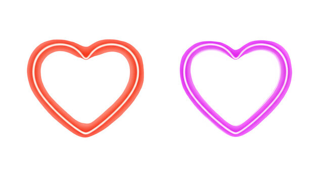 Two glowing neon heart outlines in red orange and pink purple on black background
