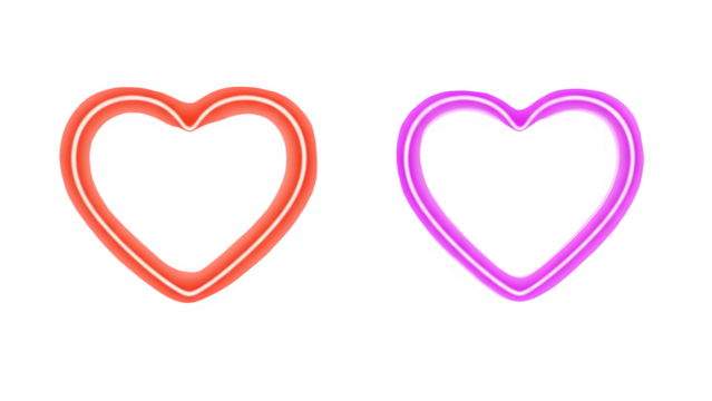 Two glowing neon heart outlines in red orange and pink purple on black background