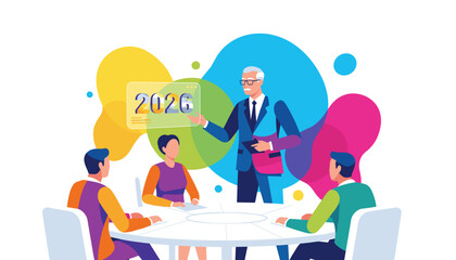 Executive presenting 2026 business plan during a strategic meeting