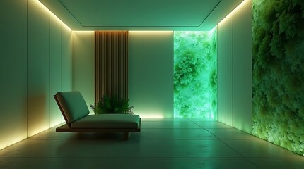 Focus on nuanced glow of biocomposite and natural stone textures: Tranquil smart home retreat where green bioluminescence adapts to occupant's cues for a deeply calming effect.