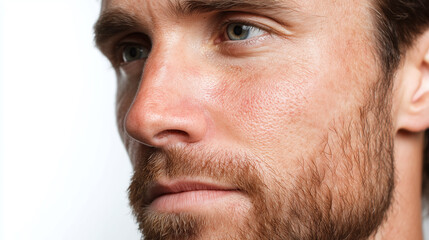 Close up portrait of man with combination skin, visible pores, dry and oily areas, light beard, blue eyes, and natural expression, highlighting facial texture and healthy complexion
