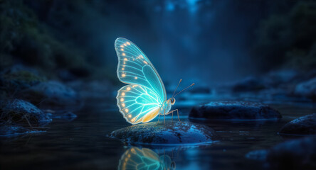 Luminous blue butterfly glowing in magical twilight. Enchanted neon butterfly resting in dreamy night scene. Ethereal glowing butterfly lighting a serene forest path