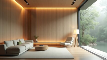 Adaptive smart living space: Wood wall subtly shifts color/texture to match occupant's stress levels, with glowing ambient light strips and a transparent OLED window displaying a dynamic virtual rainf