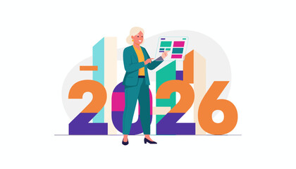Senior business professional planning strategy for the future year 2026 using a digital screen