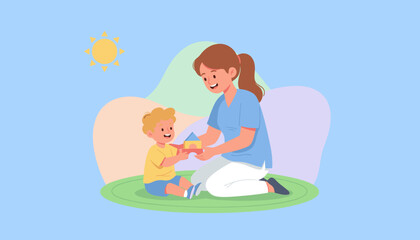 Caregiver and happy boy playing with building blocks representing childcare and development