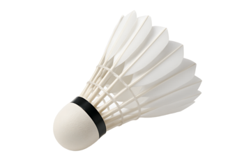 White badminton shuttlecock isolated on black background, professional sports equipment studio shot with detailed feathers