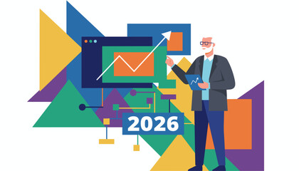 Business expert presents rising graph forecast for 2026 on colorful abstract background