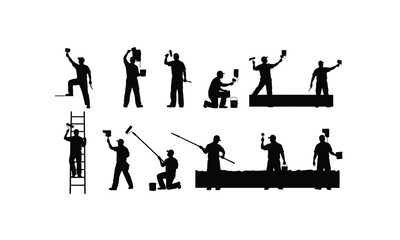 A painter in various poses depicted as a silhouette actively painting a wall presented as an isolated graphic on a clean white background isolated on white background