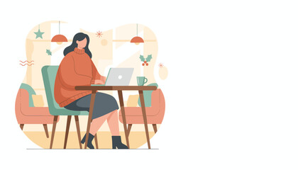 Woman working remotely on a laptop in a cozy winter cafe with holly decorations