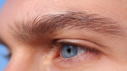 Close up eyebrow upper eyelid blue eye sunlit skin subtle pores natural texture healthy complexion detailed hair smooth surface youthful appearance