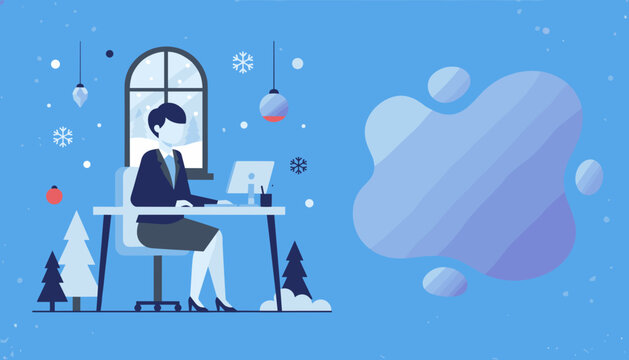 Businesswoman working on computer in winter office Remote productivity with seasonal copy space